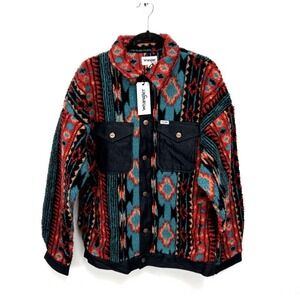 NEW Wrangler Western Aztec Button Up Fleece Denim Jacket Multicolor Rare Size M